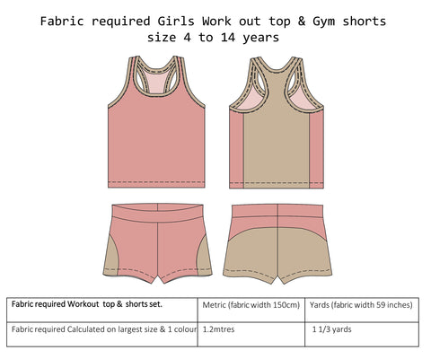 Girls Work Out top Sewing Pattern & Gym shorts size 4 - 14 years